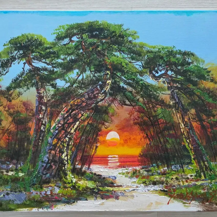 [BUNJANG] Yoon Kyung Sik "Pine Forest Sunrise" Oil Painting (Size 10) / 소나무 숲과 일출 그림