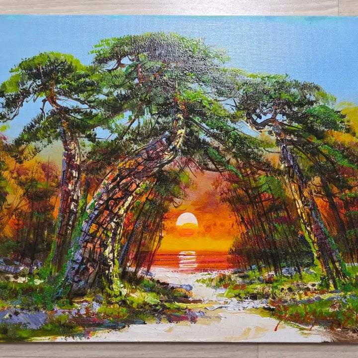[BUNJANG] Yoon Kyung Sik "Pine Forest Sunrise" Oil Painting (Size 10) / 소나무 숲과 일출 그림