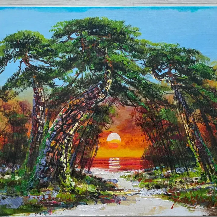 [BUNJANG] Yoon Kyung Sik "Pine Forest Sunrise" Oil Painting (Size 10) / 소나무 숲과 일출 그림