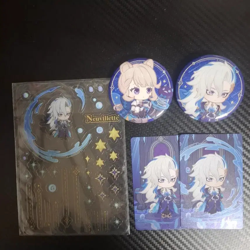 [BUNJANG] Neuvillette Sticker Photocard &amp; Lyney Can Badge Bundle Set / 느비예트 스티커 포카 | 느비예트 캔뱃지 리넷