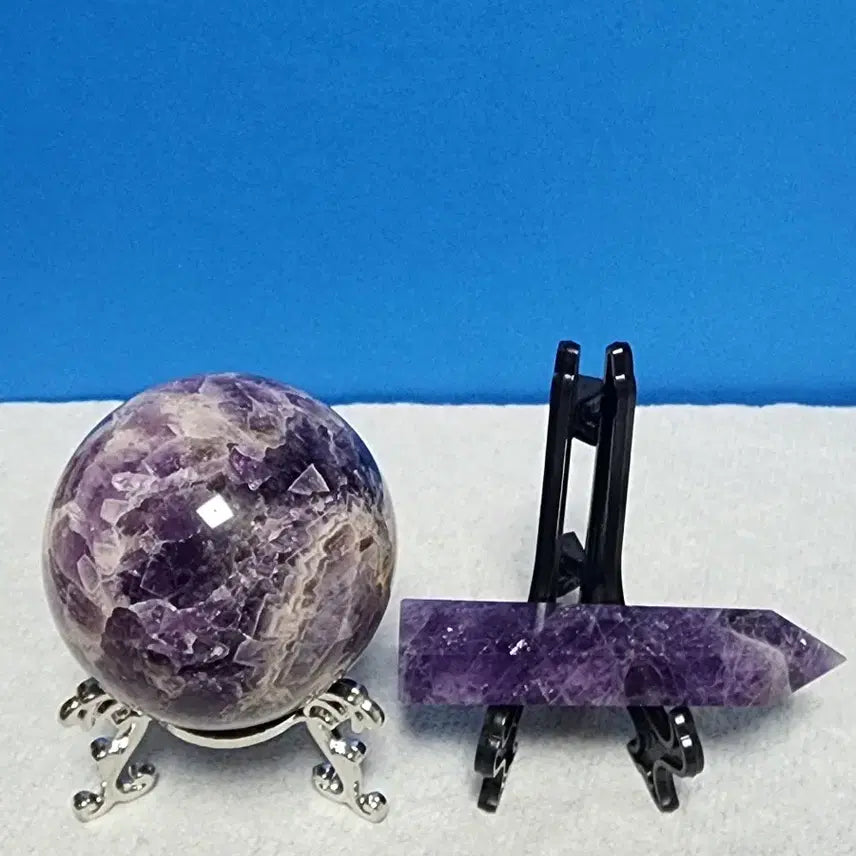 [BUNJANG] Natural Amethyst Sphere &amp; Obelisk Set with Stand / 천연 크리스탈 자수정 구체(5.5cm)+받침대포함