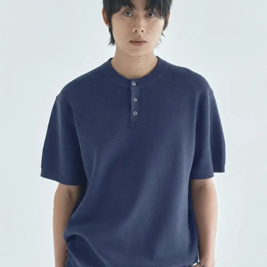 [BUNJANG] ECR Henly Neck Short Sleeve Knit Navy XL / 이꼬르 헨리넥 반팔 니트 네이비 XL