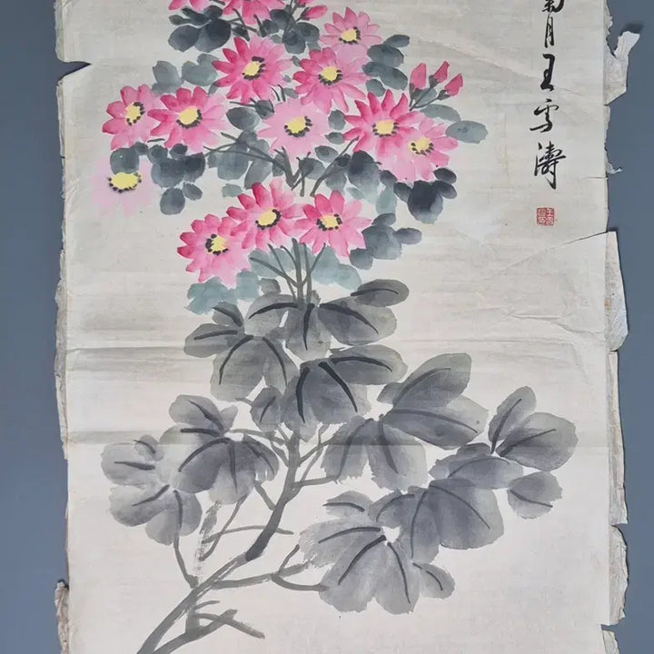 [BUNJANG] Wang Seol-do Pink Chrysanthemum Painting Antique Art / 왕선도 필 분홍 국화도 고화 그림 꽃그림 골동품 수집품 미술품