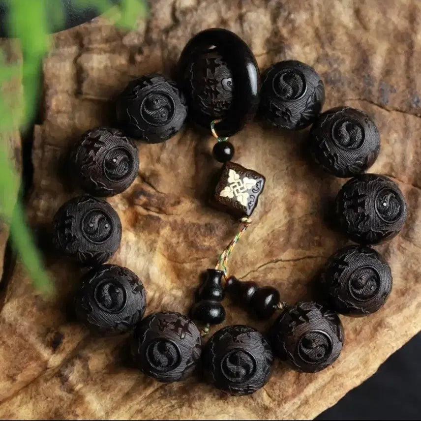 [BUNJANG] Zambia Premium Ebony Taegeuk Charm Prayer Beads Bracelet 20mm / 잠비아  최고급 흑단 태극 부적 각인 염주 20mm