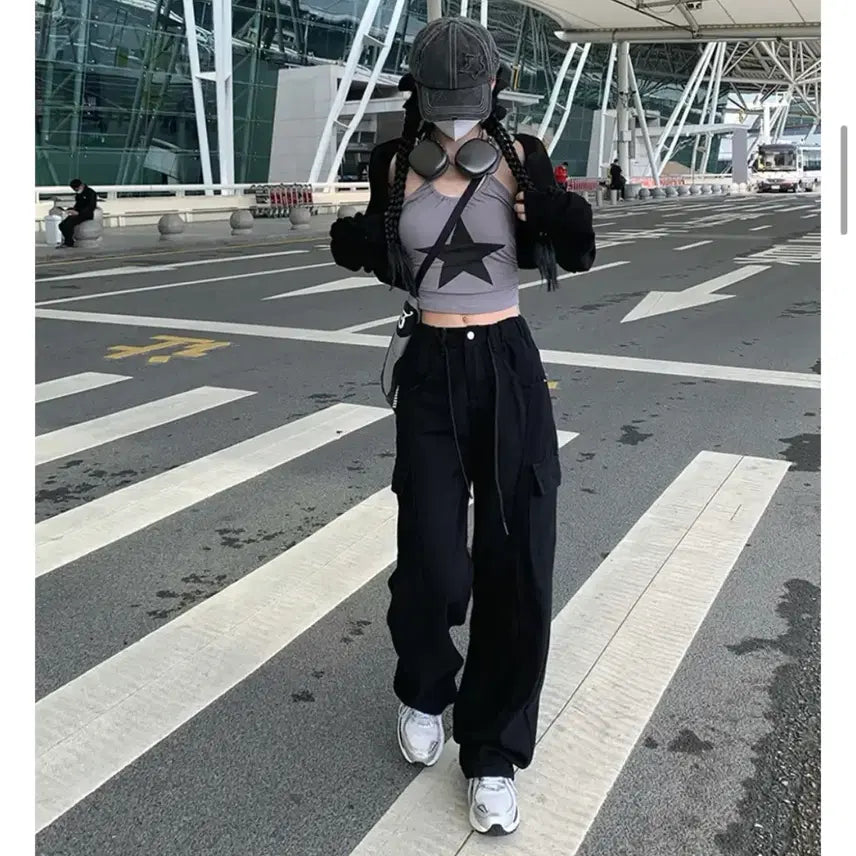 [BUNJANG] Black Pocket Cargo Pants with Elastic Waistband / [새상품]허리밴딩 검정 포켓 카고 팬츠