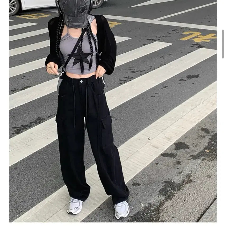 [BUNJANG] Black Pocket Cargo Pants with Elastic Waistband / [새상품]허리밴딩 검정 포켓 카고 팬츠