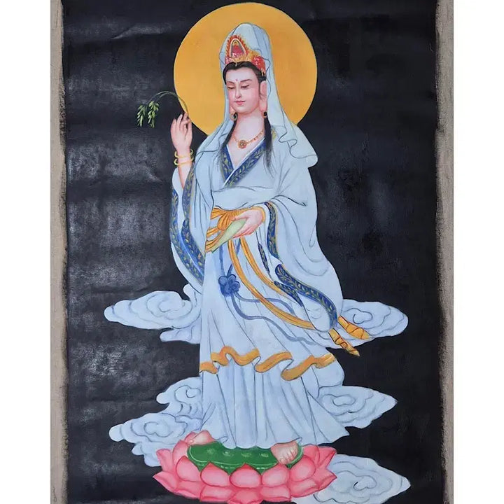 [BUNJANG] Unsigned Oil Painting of White-Robed Kannon Bodhisattva - Chinese Antique Fine Art / 백의관음보살도 유화 탱화 불화 육필 그림 중국골동품 고미술품 고화