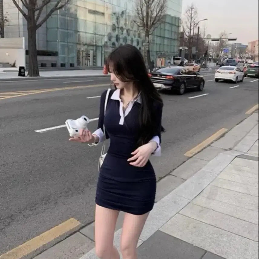 [BUNJANG] Bleufit Navy Collar Shirring Mini Dress / 블러핏 네이비 카라 셔링 원피스 잔느 순느 유어로즈