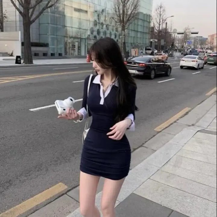 [BUNJANG] Bleufit Navy Collar Shirring Mini Dress / 블러핏 네이비 카라 셔링 원피스 잔느 순느 유어로즈