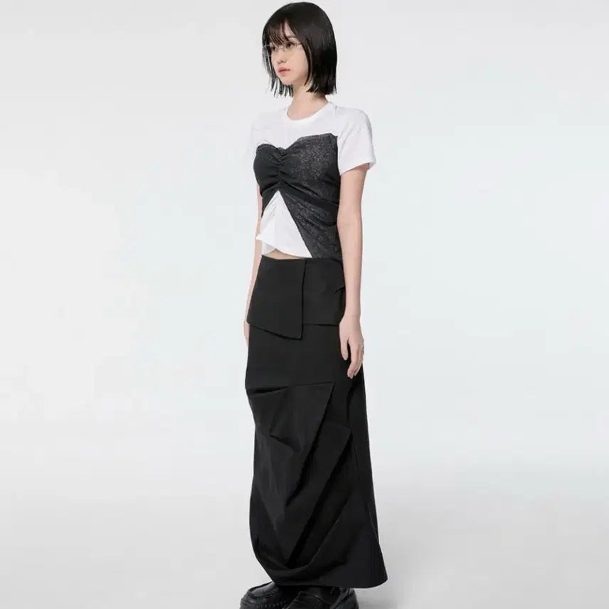 [BUNJANG] Flare-up Drape Layered Maxi Skirt Black / 플레어업 드레이프 레이어드 맥시 스커트 블랙