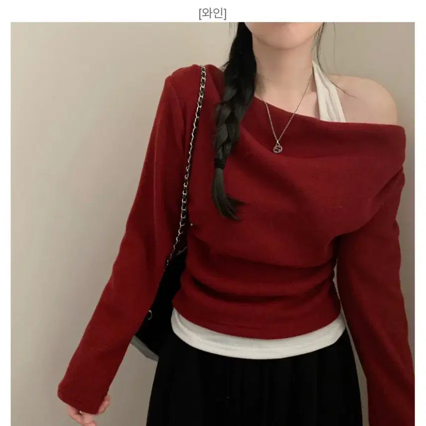 [BUNJANG] Halterneck Layered Off-Shoulder Top - Wine / 홀터넥 레이어드 오프숄더 와인색