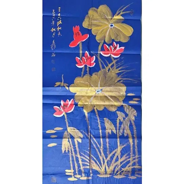[BUNJANG] Zhang Daqian Lotus Painting Gold Leaf Blue Porcelain / 장대천 청람금니 연화도 육필 그림 골동품 수집품 미술품