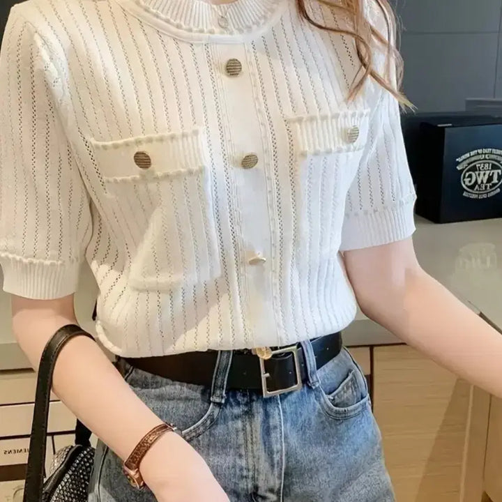 [BUNJANG] Chic Summer Knit with Gold Buttons / 새옷)세련된 여름니트