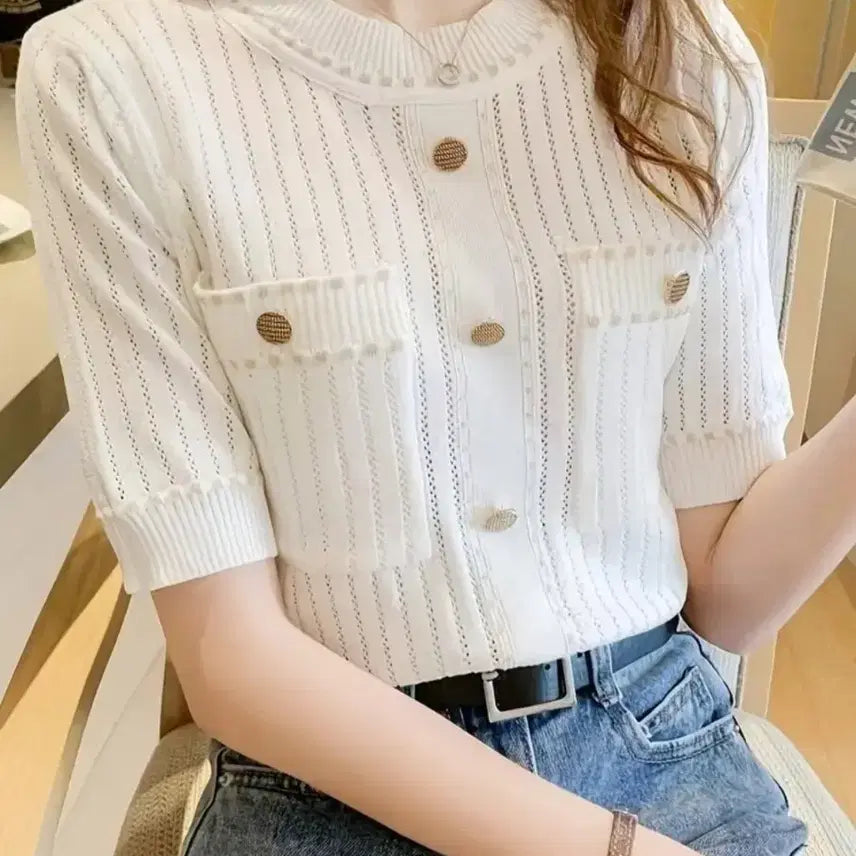 [BUNJANG] Chic Summer Knit with Gold Buttons / 새옷)세련된 여름니트