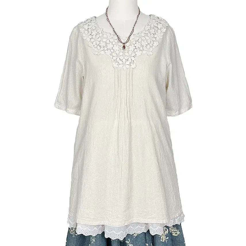 [BUNJANG] Vintage Linen Tussah Lace Pintuck Shirt - Oatmeal / 일본빈티지 린넨 토숀레이스핀턱셔츠티 오트밀 모리걸갸루y2k히피에스닉