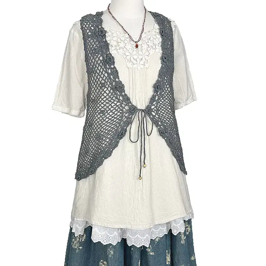 [BUNJANG] Vintage Linen Tussah Lace Pintuck Shirt - Oatmeal / 일본빈티지 린넨 토숀레이스핀턱셔츠티 오트밀 모리걸갸루y2k히피에스닉