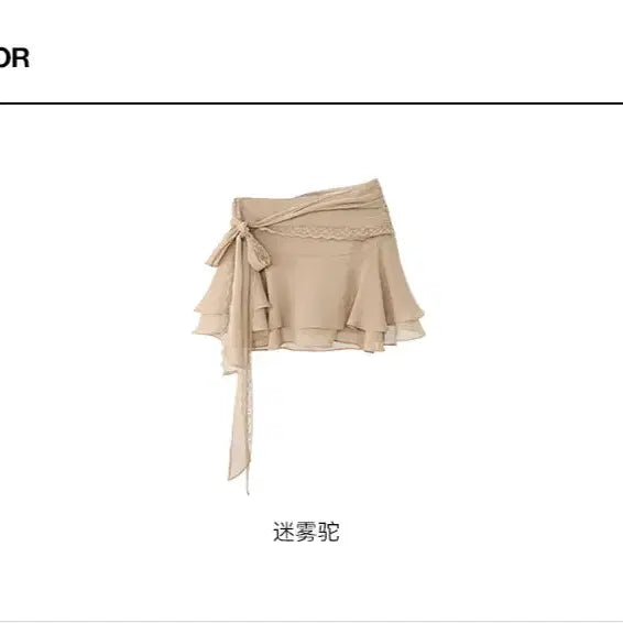 [BUNJANG] OAKMOO Chiffon Pleated Lace Ribbon Tie Waist Skirt / OAKMOO 오크무 시폰 플리츠 레이스 리본 타이 웨이스트 스커트