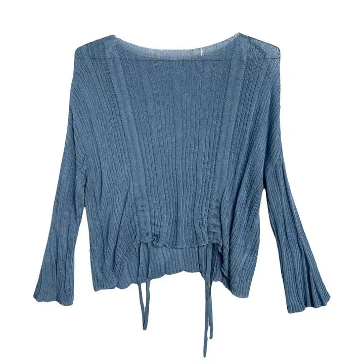 [BUNJANG] Dusty Blue Ribbed Knit See-Through Drop Shoulder Pullover / 더스티블루 밑단 스트링 골지 니트 시스루 드롭숄더 풀오버