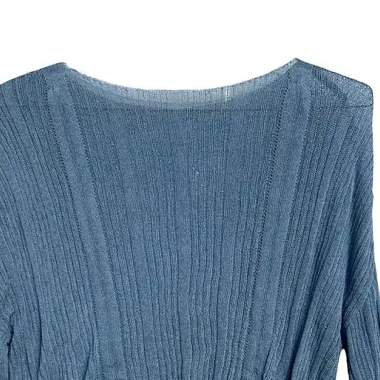 [BUNJANG] Dusty Blue Ribbed Knit See-Through Drop Shoulder Pullover / 더스티블루 밑단 스트링 골지 니트 시스루 드롭숄더 풀오버