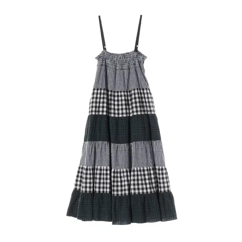[BUNJANG] Cotton Check Patchwork String Dress (Women&