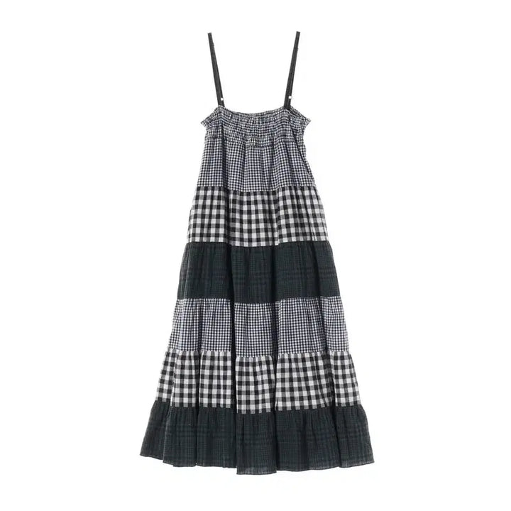 [BUNJANG] Cotton Check Patchwork String Dress (Women&