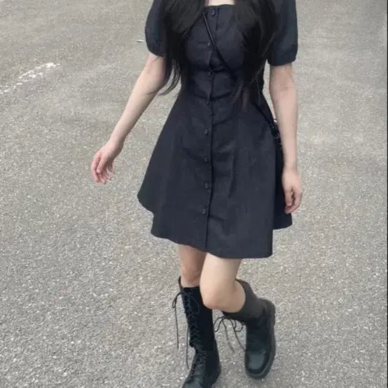 [BUNJANG] Black Square Neck Puff Mini Dress / 블랙 스퀘어넥 퍼프 미니 원피스