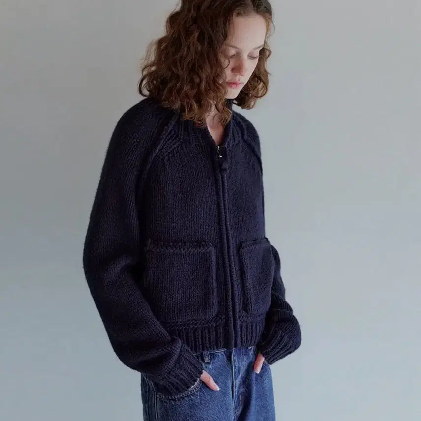 [BUNJANG] Hane Raglan Knit Zip-Up Navy S / 하네 레글런 니트 집업 네이비 s
