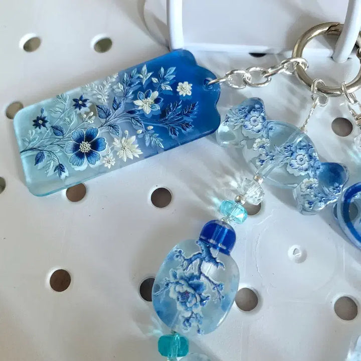 [BUNJANG] Blue Flower Design Acrylic Bead Keychain / 블루 꽃 디자인 아크릴 비즈 키링