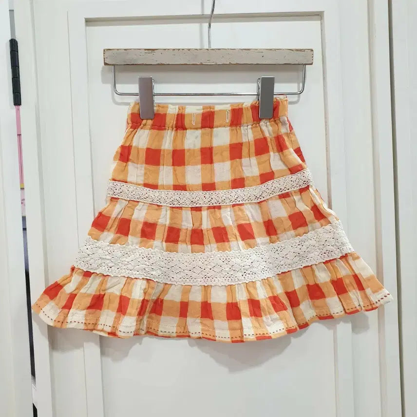 [BUNJANG] 80s Checkered Lace Skirt Orange / 80 체크무늬 레이스 스커트 오렌지