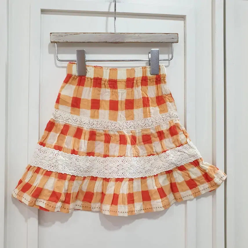 [BUNJANG] 80s Checkered Lace Skirt Orange / 80 체크무늬 레이스 스커트 오렌지