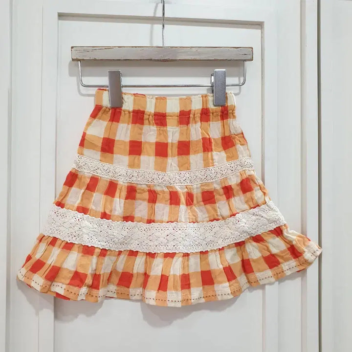 [BUNJANG] 80s Checkered Lace Skirt Orange / 80 체크무늬 레이스 스커트 오렌지