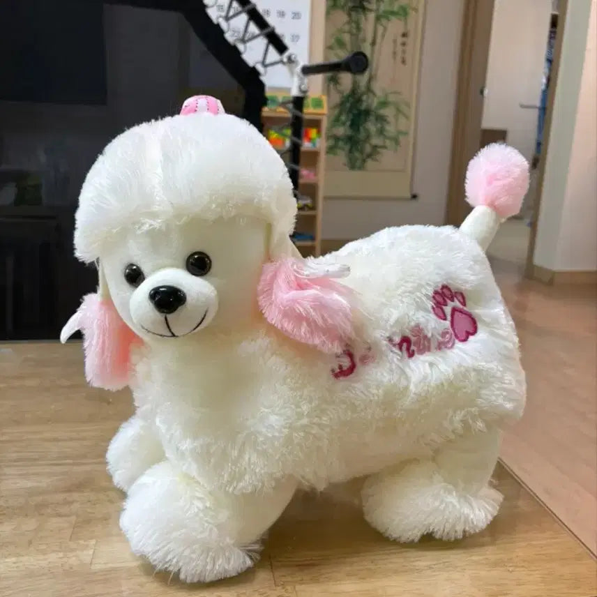 [BUNJANG] White Poodle Plush Toy with Pink Ribbon / 화이트 푸들 인형 핑크 리본