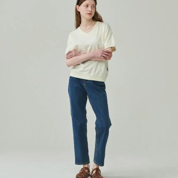 [BUNJANG] Ronron V-Neck Half Sleeve Sweatshirt Cream / (새상품) 론론 브이넥 하프 반팔 스웨트셔츠 크림컬러