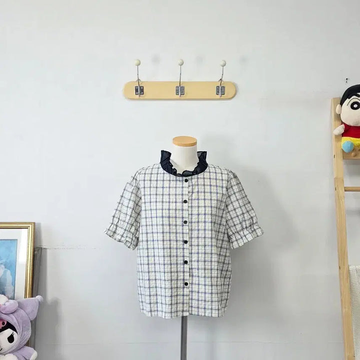 [BUNJANG] Wished Navy Check Blouse / 빈티지 만원샵 wished 네이비 체크 블라우스