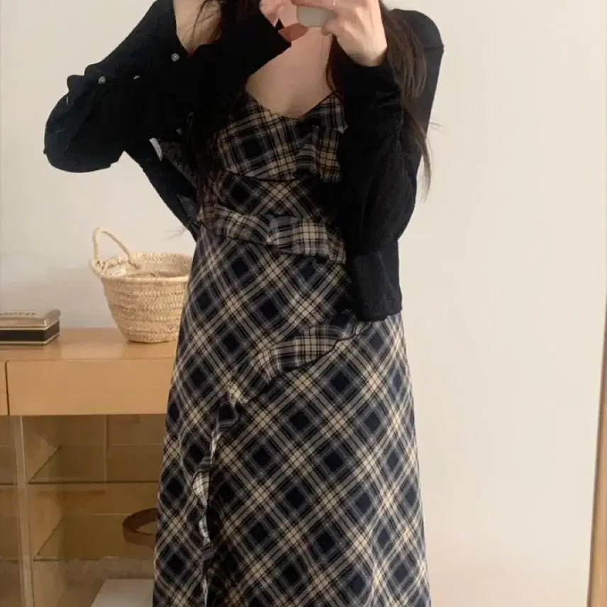 [BUNJANG] Checkered Frill Long Dress / 체크프릴ops