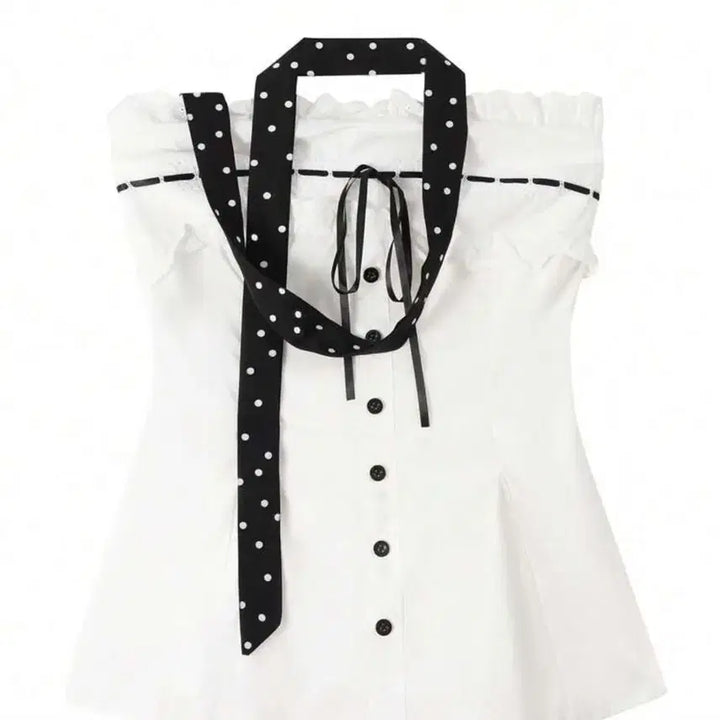 [BUNJANG] Mori Girl Ribbon Sleeveless Blouse with Polka Dot Tie / 모리걸 리본 블라우스 나시