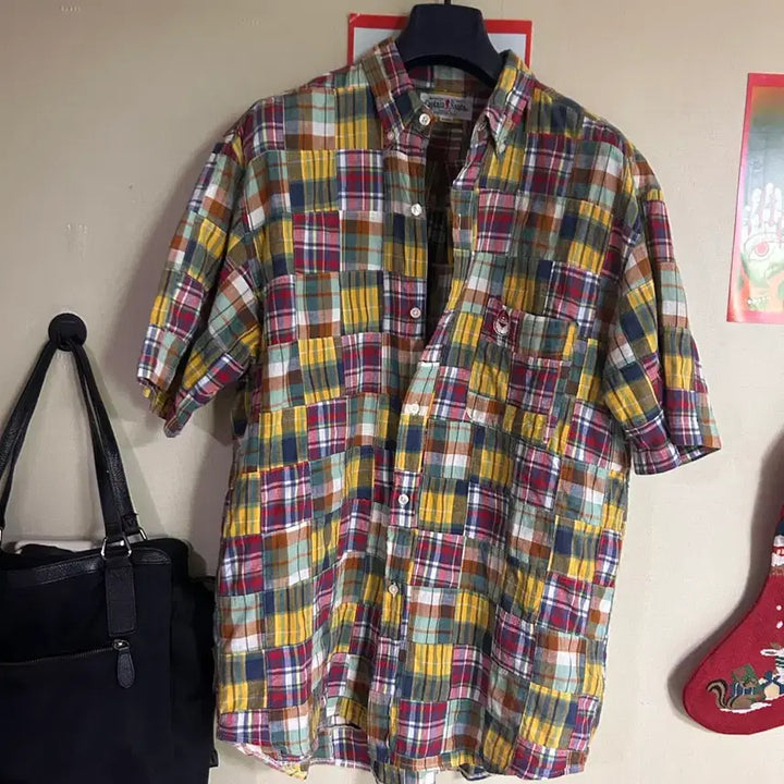 [BUNJANG] Captain Santa Patchwork Madras Check Button-Down Shirt / 캡틴 산타 패치워크 마드라스 체크 남방 셔츠