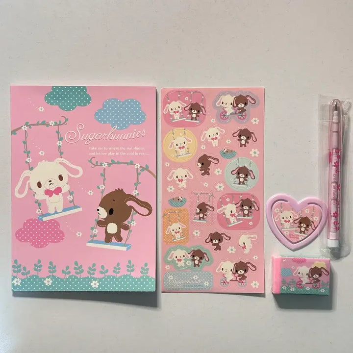 [BUNJANG] Classic Sanrio Sugarbunnies Stationery Set (Notebook, Stickers, Clips, Eraser, Mechanical Pencil) / [새상품] 고전산리오 슈가버니즈 문구세트 노트/스티커/클립/지우개/샤프
