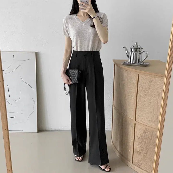 [BUNJANG] Yurataim Summer High-Waist Pinstripe Wide Slacks (Up to Size 66) / (새상품)유라타임 썸머 찰랑 하이웨스트 핀턱 와이드 슬랙스(~66사이즈)