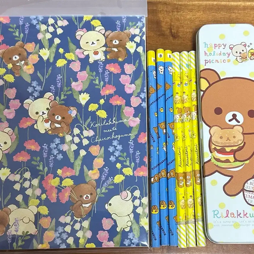[BUNJANG] Rilakkuma Metal Pencil Case, Pencils, Notebook Bundle Set / 리락쿠마 철제 필통, 연필, 노트/공책 (일괄)