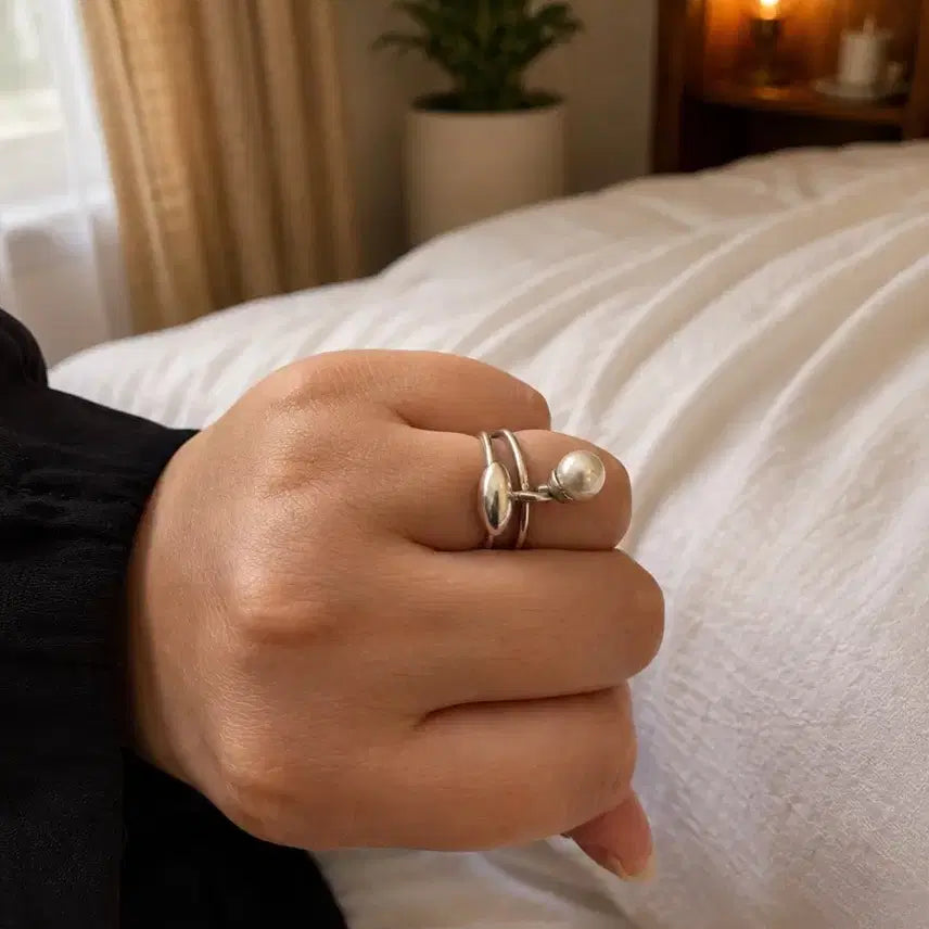 [BUNJANG] Pearl Accent Sterling Silver 925 Ring Set (2 pcs) / 진주 포인트 실버925 반지 2개