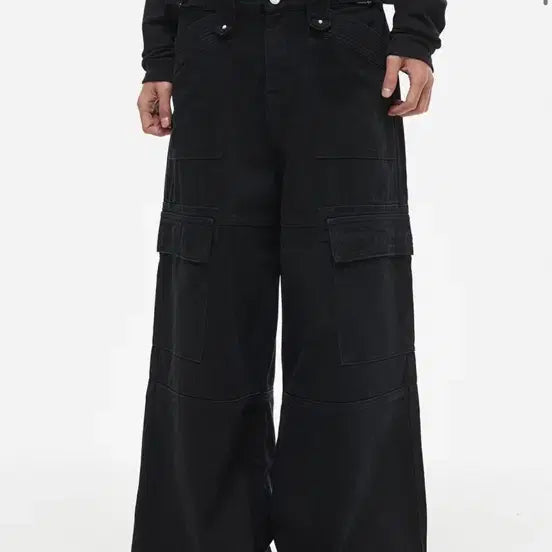 [BUNJANG] D.N.S.R Maxi Wide Cargo Pants Solid Black M / 디앤에스알 맥시 와이드 카고 팬츠 솔리드 블랙 M