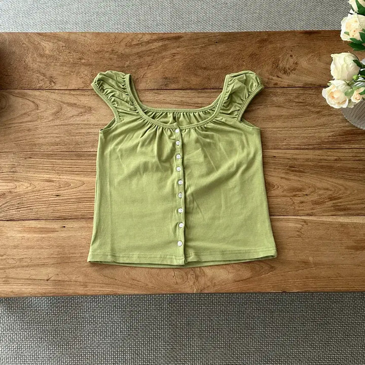 [BUNJANG] Olive Sleeveless Blouse T-shirt / 올리브 나시 반팔 블라우스 티