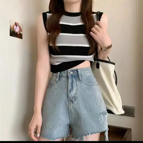 [BUNJANG] Striped Cropped Sleeveless Knit Top / [새상품] 단가라 크롭 민소매 니트