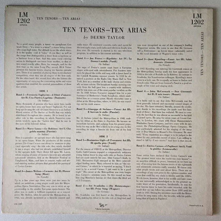 [BUNJANG] RCA Victor LM-1202 Ten Tenors, Ten Arias Original US Mono LP / (이한장의명반 추천) Ten Tenors, Ten Arias RcA LP