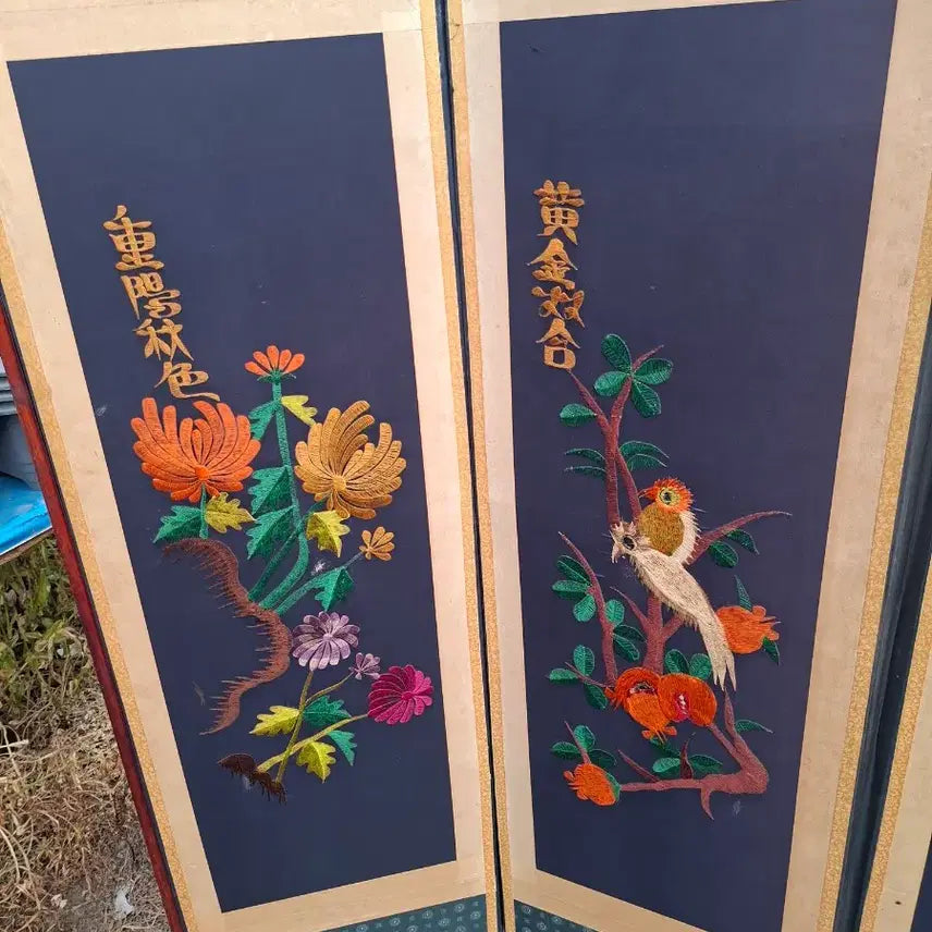 [BUNJANG] 8-Panel Handcrafted Folding Screen with Bird and Flower Painting and Four Gracious Plants / 화조도및사군자 수제병풍8폭