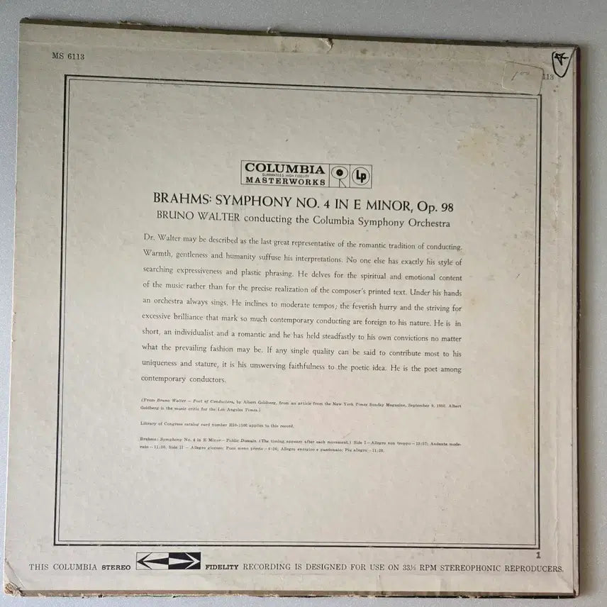 [BUNJANG] Bruno Walter Brahms Symphony No. 4 LP (Columbia 6-eye First Pressing) / 브루노 발터 - 브람스 교향곡4번 LP (Columbia 6eye 초반)