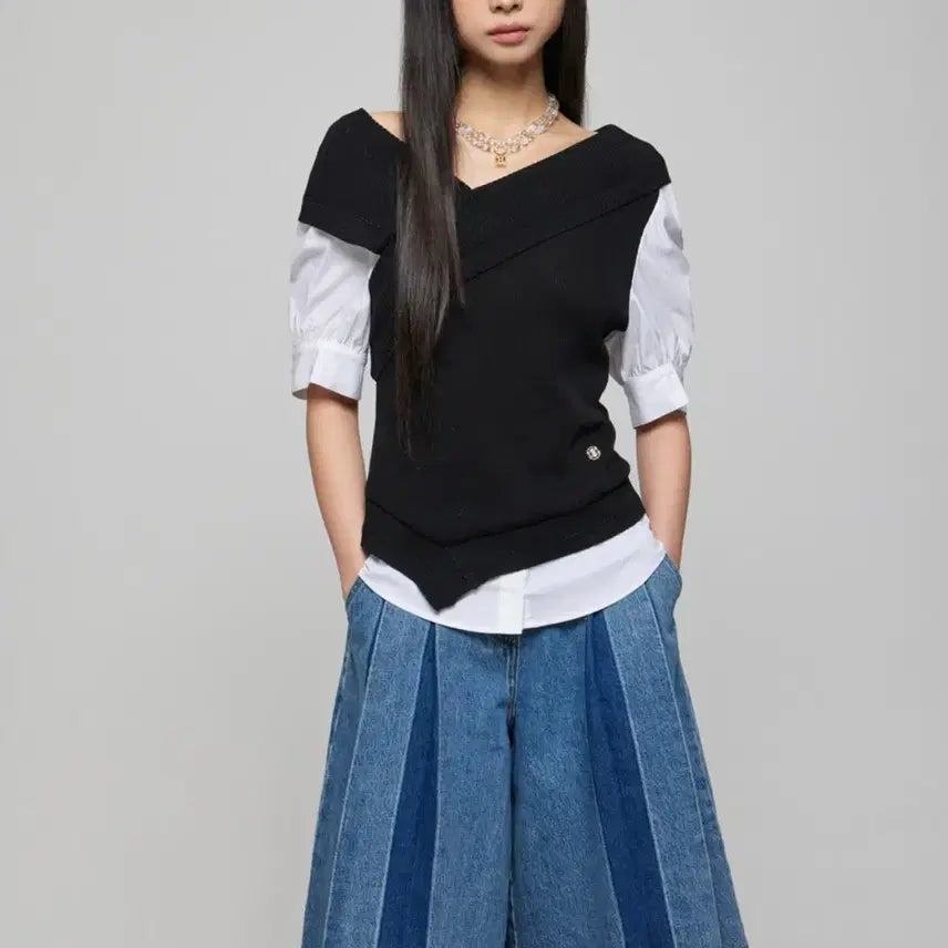[BUNJANG] DEWL Blouse &amp; Denim Pleated Pants Set / 듀엘 블라우스&amp;데님 플리츠 팬츠 셋업