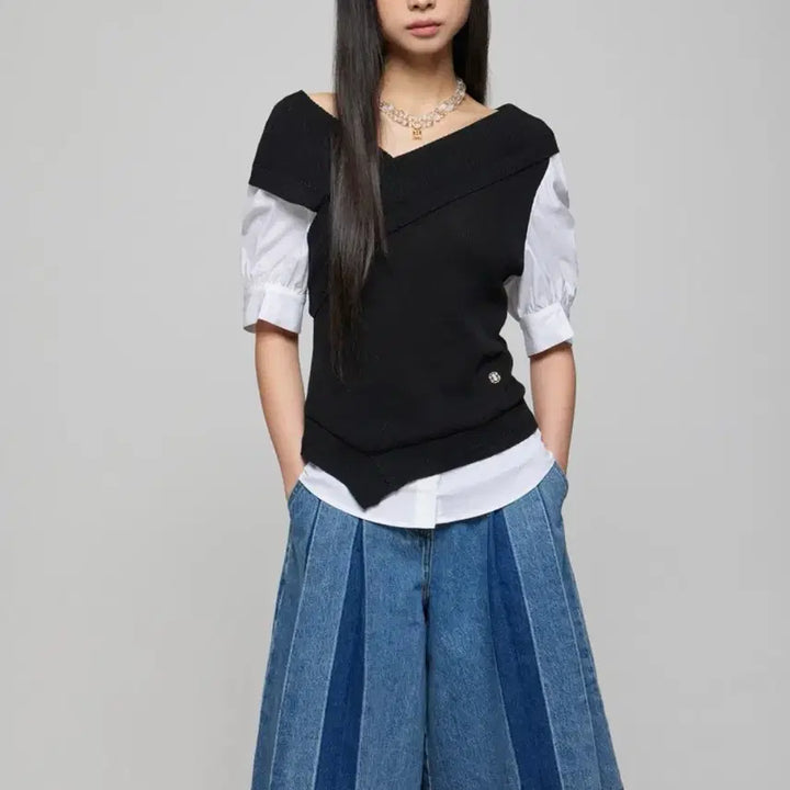 [BUNJANG] DEWL Blouse &amp; Denim Pleated Pants Set / 듀엘 블라우스&amp;데님 플리츠 팬츠 셋업