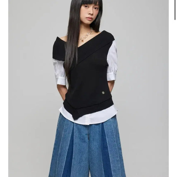 [BUNJANG] DEWL Blouse &amp; Denim Pleated Pants Set / 듀엘 블라우스&amp;데님 플리츠 팬츠 셋업